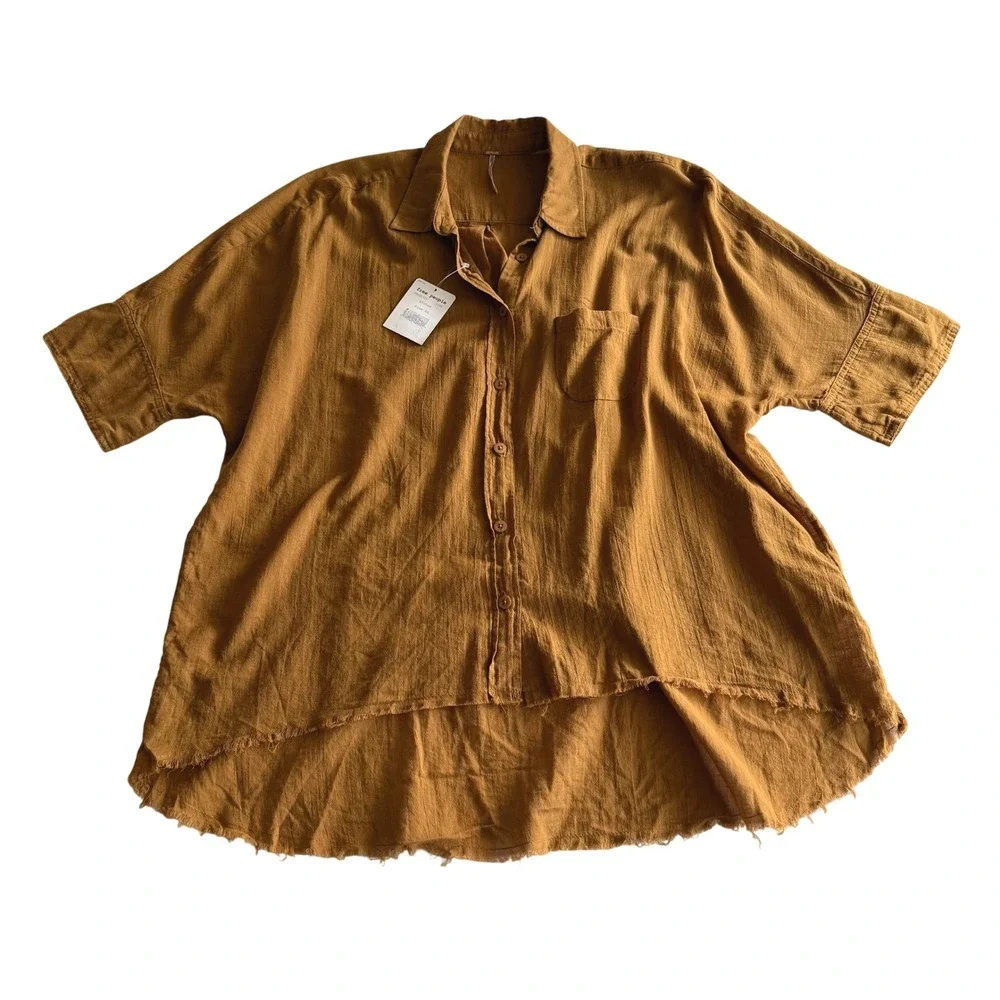 Free People NWT Best of Me Button Down Raw Hem High Low Oversize Bronze Shirt XS